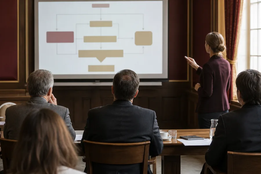 Promovierende hält einen Vortrag auf Deutsch vor einem Prüfungsgremium in einem Hörsaal — Symbolbild für die deutschsprachige Disputation