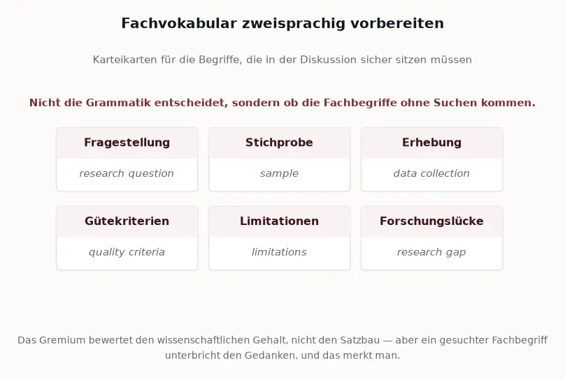Notizkarten mit Fachvokabular in zwei Sprachen für die Vorbereitung der Disputation — Symbolbild für das sprachliche Training der Verteidigung