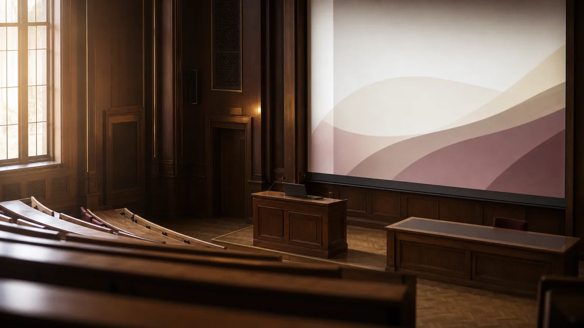 Hörsaal mit Rednerpult und beleuchteter Projektionsfläche im warmen Licht — Symbolbild für die Vorbereitung der wissenschaftlichen Verteidigung