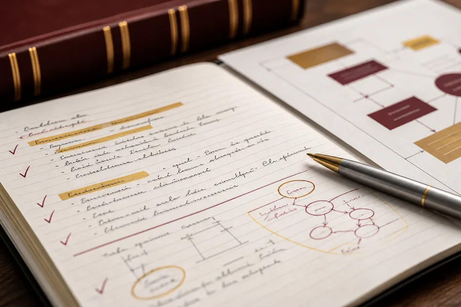 Notizen zu Gütekriterien und Datenqualität mit Markierungen — Symbolbild für die Vorbereitung der methodischen Fragen