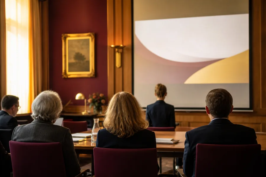 Prüfungsgremium und Promovierende in einem Seminarraum vor Beginn der mündlichen Prüfung — Symbolbild für die Beteiligten und den Rahmen