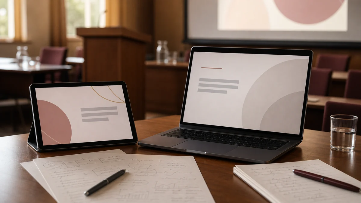 Notebook und Tablet mit Präsentationsfolien neben Notizen auf einem Tisch im Prüfungsraum — Symbolbild für digitale Hilfsmittel in der Disputation