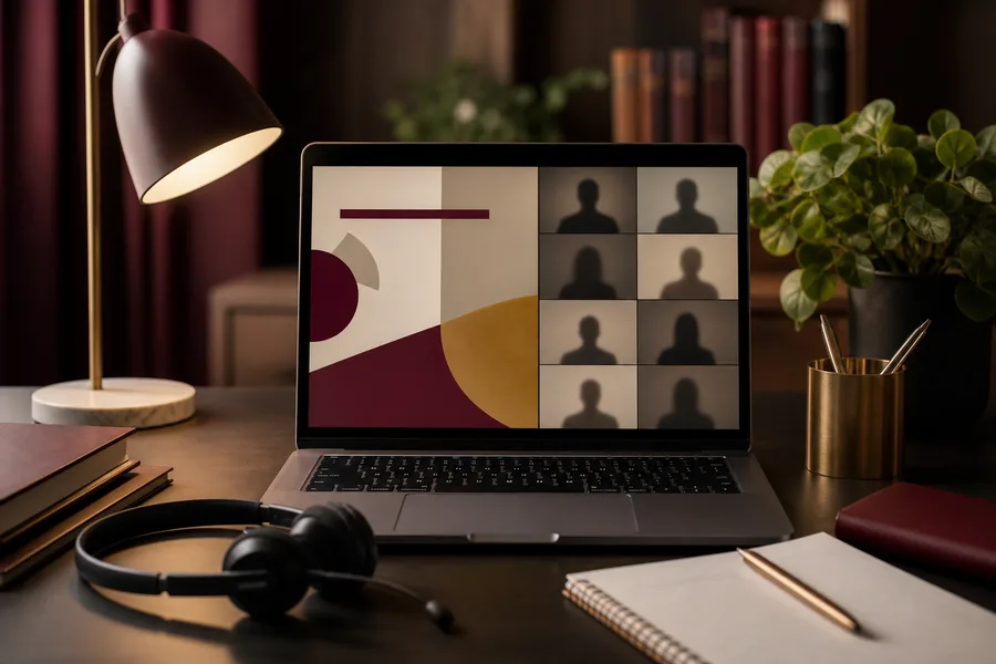 Notebook mit Videokonferenz und geteilten Präsentationsfolien für eine Online-Disputation — Symbolbild für die digitale Prüfungssituation