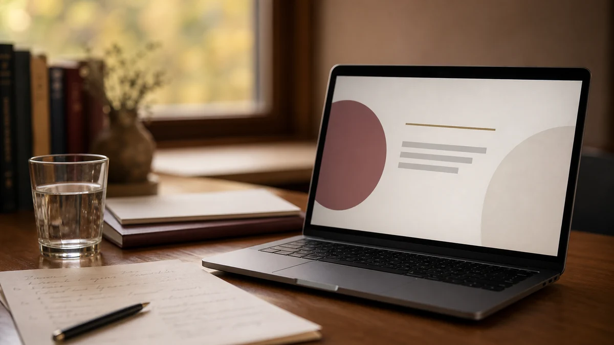 Laptop mit klar gestalteten Präsentationsfolien und Notizen zur Disputation auf einem Schreibtisch — Symbolbild für die Foliengestaltung