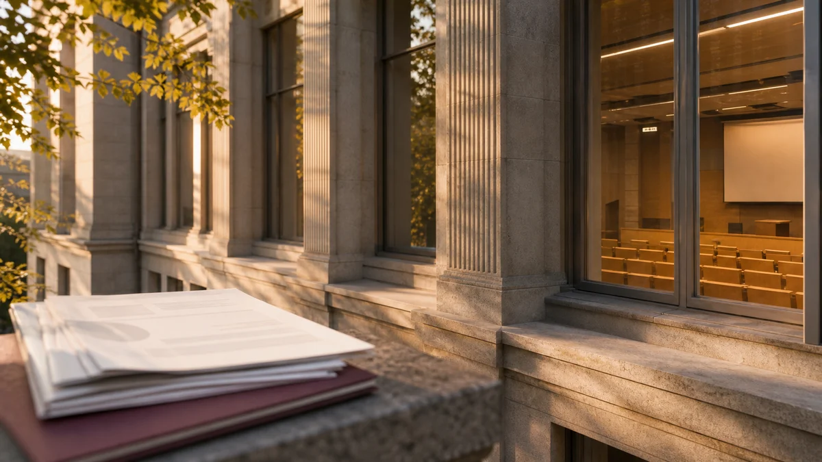 Universitätsgebäude mit Hörsaal und Promotionsunterlagen — Symbolbild für den Prüfungsablauf der Disputation in Deutschland