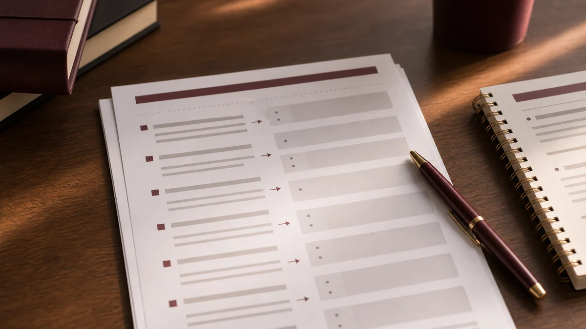 Strukturierter Fragenkatalog mit Antwortnotizen für die Disputation auf einem Schreibtisch — Symbolbild für die systematische Vorbereitung