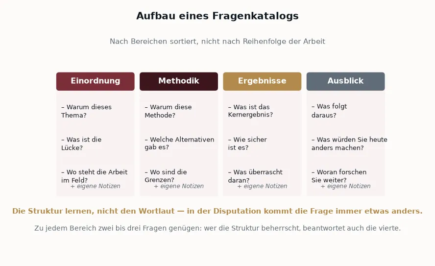 Strukturierter Fragenkatalog mit Bereichen, Fragen und Antwortnotizen — Symbolbild für den Aufbau des Katalogs