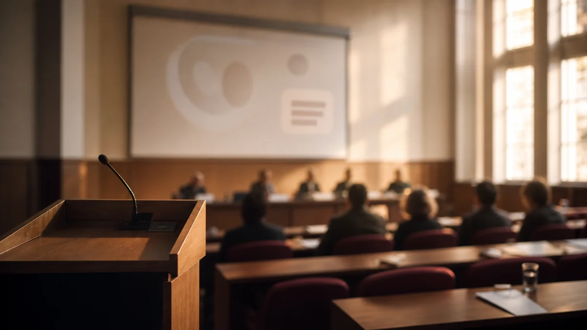 Hörsaal mit Rednerpult und Prüfungsgremium — Symbolbild für die Disputation als mündliche Verteidigung der Doktorarbeit